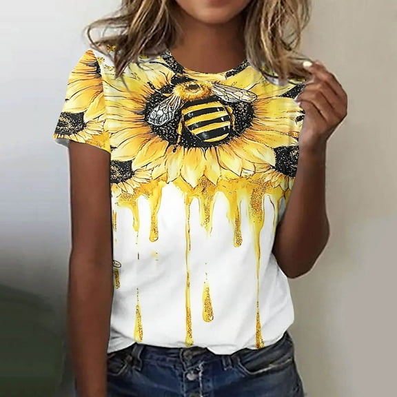 QUNYINEY Crew Neck Shirts for Women Trendy Pullover Short Sleeve Bee Casual Tops Loose Womens Tops