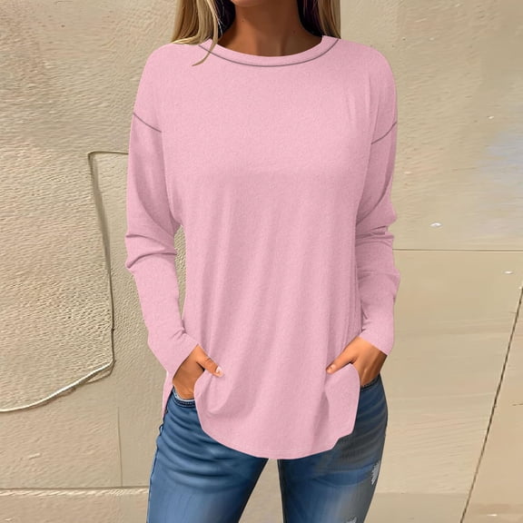 QUNYINEY Crew Neck Shirts for Women Trendy Solid Casual Long Sleeve Pink Tops Pullover Drop Shoulder Loose T-Shirts