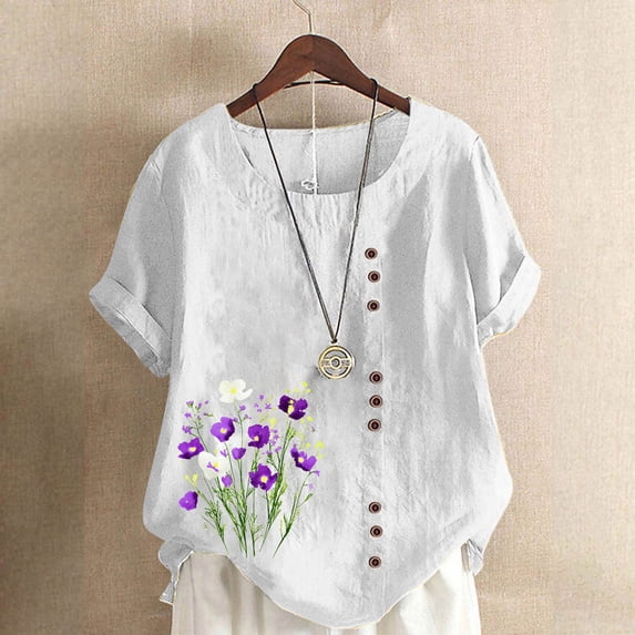 QUNYINEY Crew Neck Spring Shirts for Women 2025 Casual Short Sleeve Floral Tops Cotton Linen Button Loose Pullover Shirts
