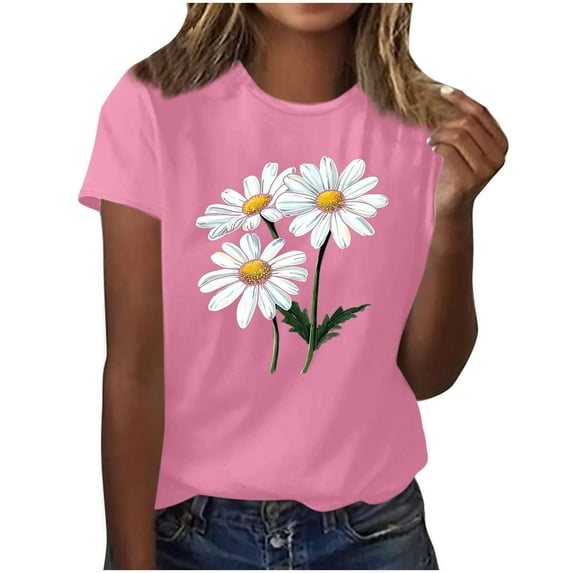 QUNYINEY Crew Neck Spring Shirts for Women 2025 Floral Casual Short Sleeve Tops Pullover Going Out Loose Shirts