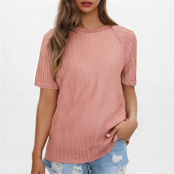 QUNYINEY Crew Neck Spring Tops for Women Casual Solid Short Sleeve Pullover Shirts Ribbed Loose Womens Shirts