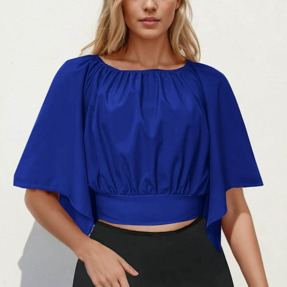 QUNYINEY Crew Neck Spring Tops for Women Solid Casual Short Batwing Sleeve Blouses Crop Pleated Slim Tops