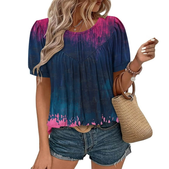 QUNYINEY Crew Neck Summer Shirts for Women Vintage Casual Puff Short Sleeve Tops Loose Pleated Pullover Shirts