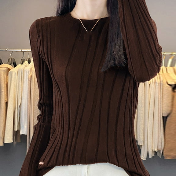 QUNYINEY Crew Neck Sweater for Women Pullover Solid Brown Ribbed Knit Tops Slim Casual Long Sleeve Sweaters