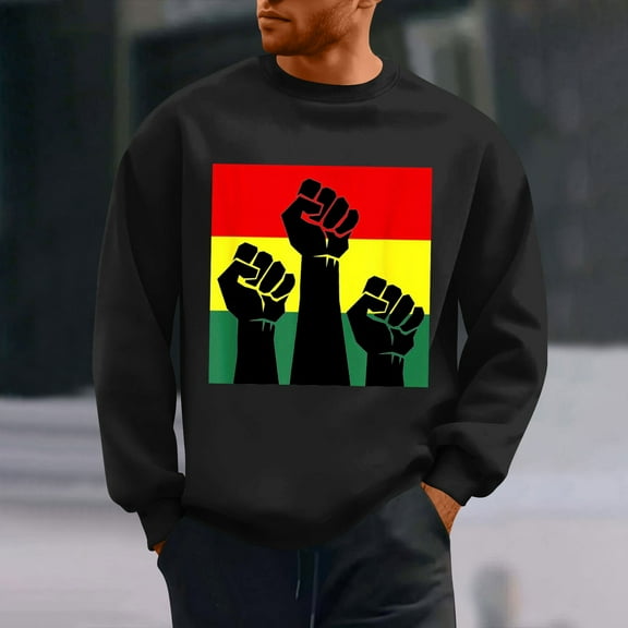 QUNYINEY Crew Neck Sweatshirt Men Black Long Sleeve Black History Month Casual Tops Drop Shoulder Pullover Loose Sweatshirts