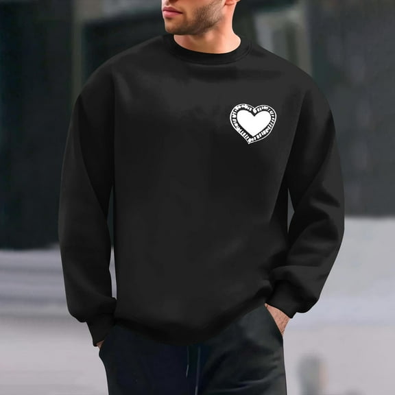 QUNYINEY Crew Neck Sweatshirt for Men Black Casual Valentine's Day Long Sleeve Tops Pullover Drop Shoulder Loose Sweatshirts