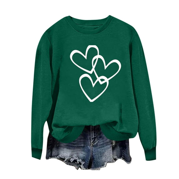 QUNYINEY Crew Neck Sweatshirt for Women Casual Green Love Heart Long Sleeve Tops Loose Pullover Drop Shoulder Sweatshirts