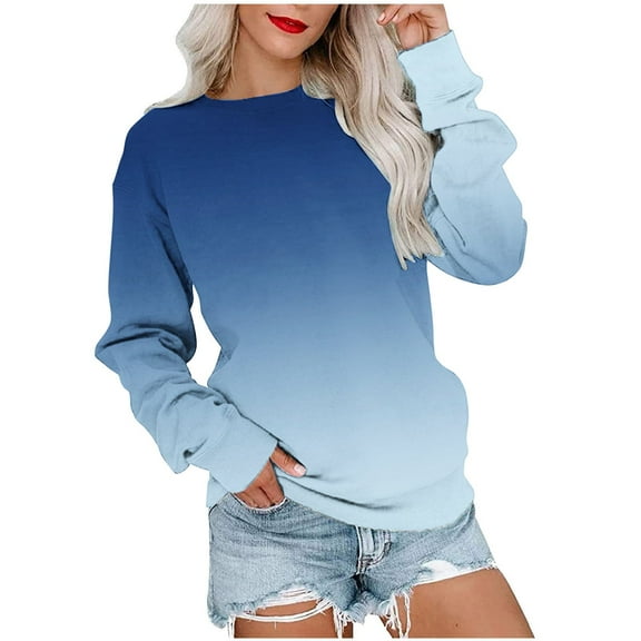 QUNYINEY Crew Neck Sweatshirts for Women Long Sleeve Blue Casual Gradient Tops Loose Pullover Drop Shoulder Sweatshirts