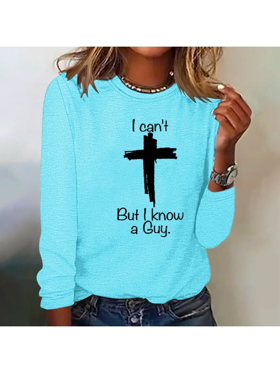 Crew Neck T Shirts for Women Casual Blue Jesus Cross Long Sleeve Tops Drop Shoulder Loose Pullover T-Shirts