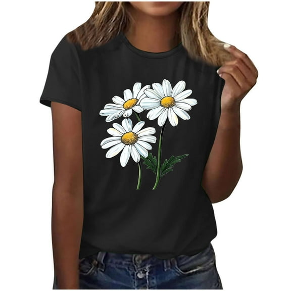 QUNYINEY Crew Neck T Shirts for Women Floral Short Sleeve Casual Tops Going Out Loose Pullover Shirts