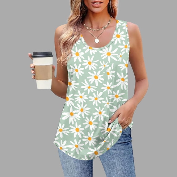 QUNYINEY Crew Neck Tank Tops for Women 2025 Camisole Sleeveless Floral Casual Tops Summer Flowy Loose Tank Tops