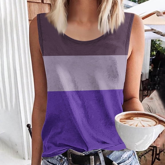 QUNYINEY Crew Neck Tank Tops for Women 2025 Casual Sleeveless Colorblock Tops Vacation Summer Loose Tank Tops