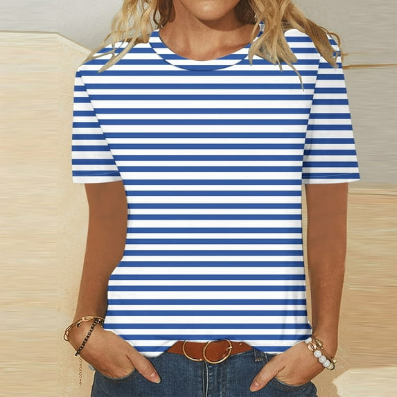 QUNYINEY Crew Neck Tee Shirts Womens Casual Striped Short Sleeve Tops Pullover Slim T-Shirts