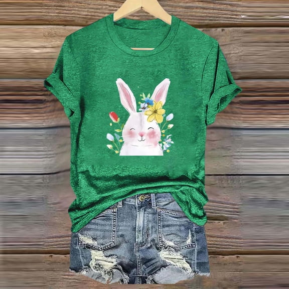 QUNYINEY Crew Neck Tee Shirts Womens Easter Casual Short Sleeve Pullover Tops Loose Womens Tops