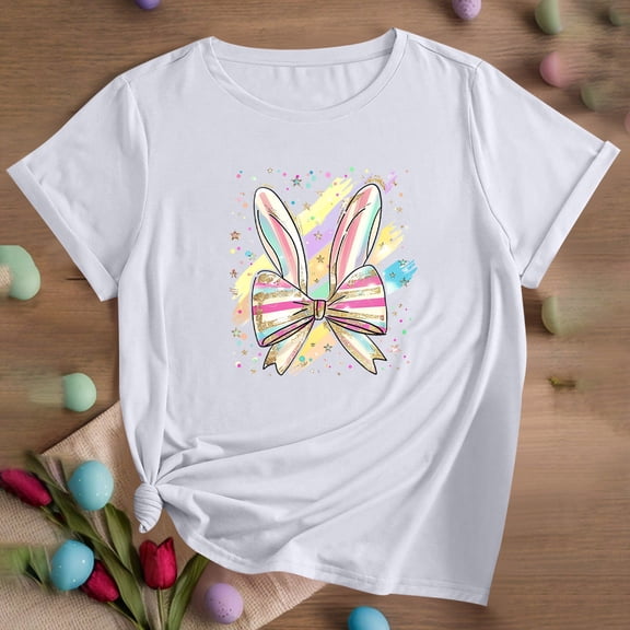 QUNYINEY Crew Neck Tee Shirts Womens Pullover Short Sleeve Casual Easter Tops Loose Spring Tops for Women