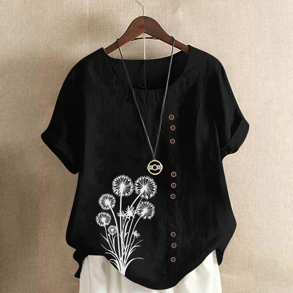 QUNYINEY Crew Neck Tee Shirts Womens Short Sleeve Dandelion Pullover Casual Tops Button Linen Loose Women Tops