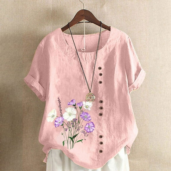 QUNYINEY Crew Neck Tee Shirts Womens Short Sleeve Floral Casual Pullover Tops Linen Loose Button Women Tops
