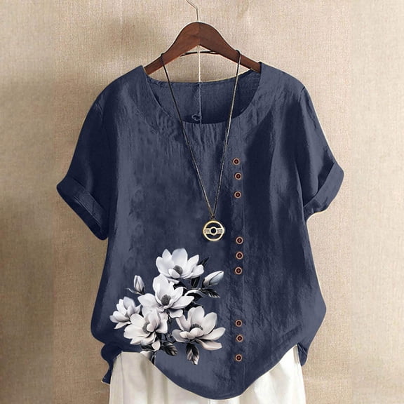 QUNYINEY Crew Neck Tops for Women Trendy Floral Casual Short Sleeve Shirts Loose Button Linen Pullover Tops