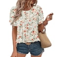 thumbnail image 1 of QUNYINEY Crew Neck Tshirts Shirts for Women Floral Puff Short Sleeve Casual Tops Loose Pullover Pleated Shirts, 1 of 7