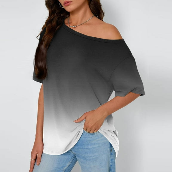 QUNYINEY Crew Neck Tshirts Shirts for Women Gradient Off Shoulder Casual Tops Short Sleeve Loose Pullover Shirts