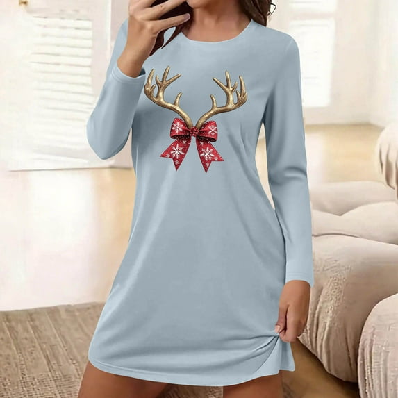QUNYINEY Crew Neck Women Nightgown Long Sleeve Christmas Soft Sleepshirt Short Loose Fit Lounge Sets for Women