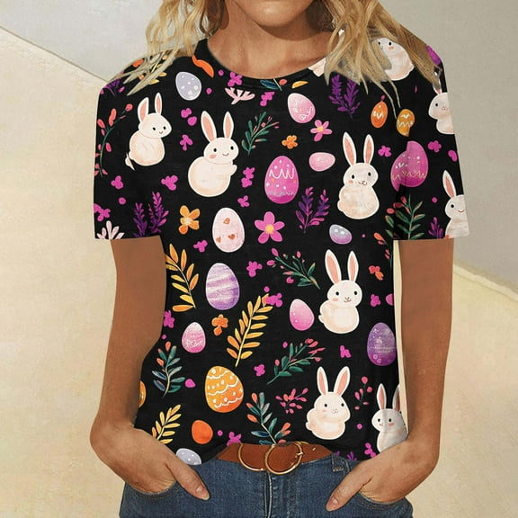 QUNYINEY Crew Neck Women Shirts Casual Easter Short Sleeve Tops Loose Pullover Cute T-Shirts