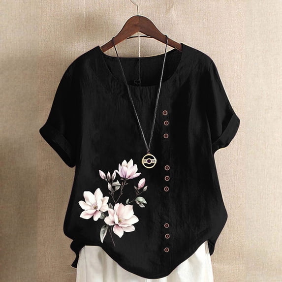 QUNYINEY Crew Neck Women Shirts Casual Short Sleeve Floral Pullover Tops Loose Button Linen Women's Tops