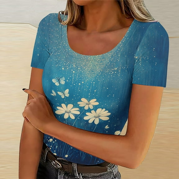 QUNYINEY Crew Neck Women Shirts Casual Short Sleeve Pullover Floral Tops Slim Ribbed Womens Summer Tops