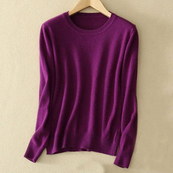 QUNYINEY Crew Neck Women Shirts Casual Solid Purple Long Sleeve Tops Drop Shoulder Loose Pullover T-Shirts