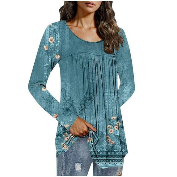 QUNYINEY Crew Neck Women Shirts Floral Casual Long Sleeve Blue Tops Drop Shoulder Pleated Pullover Loose T-Shirts Tops for Women