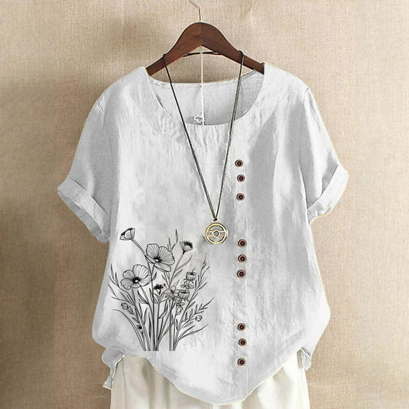 QUNYINEY Crew Neck Women Shirts Floral Pullover Casual Short Sleeve Tops Linen Loose Button Women Tops