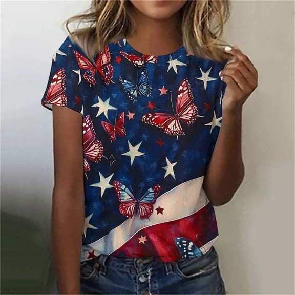 QUNYINEY Crew Neck Women Shirts Short Sleeve Casual Independence Day Tops Workout Summer Loose Pullover Women Tops