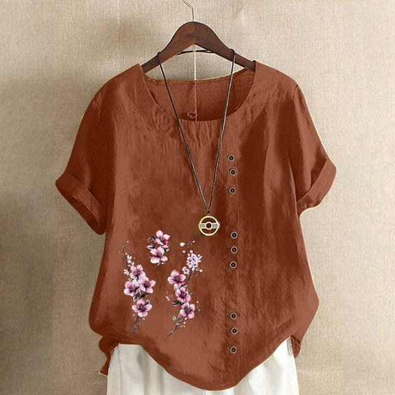 QUNYINEY Crew Neck Women Shirts Short Sleeve Floral Casual Pullover Tops Loose Button Linen Womens Summer Tops
