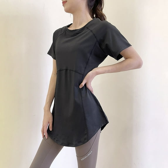 QUNYINEY Crew Neck Women Shirts Solid Short Sleeve Pullover Casual Tops Loose Workout Breathable Spring Tops for Women