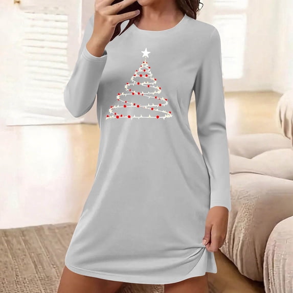 QUNYINEY Crew Neck Women's Nightgowns Long Sleeve Soft Christmas Nightshirt Loose Fit Short Women's Lounge