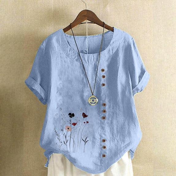 QUNYINEY Crew Neck Women's Shirts Floral Short Sleeve Casual Tops Button Cotton Linen Loose Pullover Women's Tops