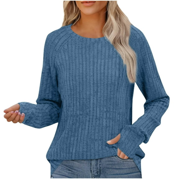 QUNYINEY Crew Neck Women's Sweaters Solid Blue Ribbed Knit Pullover Tops Lightweight Casual Long Sleeve Loose Sweaters