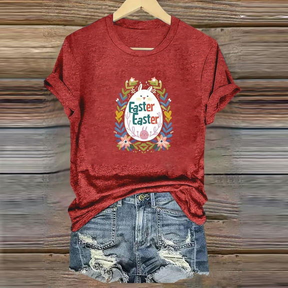 QUNYINEY Crew Neck Women's T-Shirts Easter Casual Pullover Short Sleeve Tops Loose Tops for Women Trendy