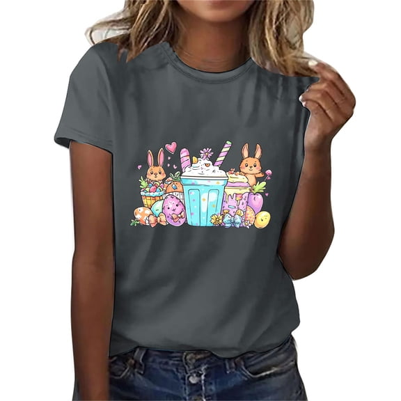 QUNYINEY Crew Neck Women's T-Shirts Easter Short Sleeve Casual Pullover Tops Funny Loose Spring Tops for Women