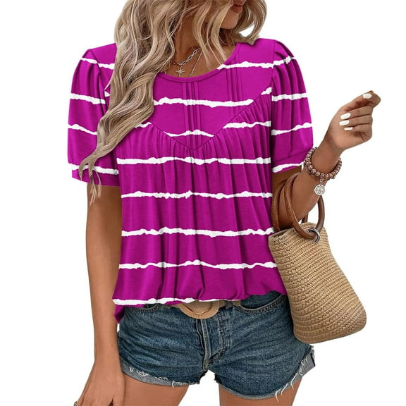 QUNYINEY Crew Neck Women's T Shirts Puff Short Sleeve Striped Casual Tops Pullover Pleated Loose Shirts