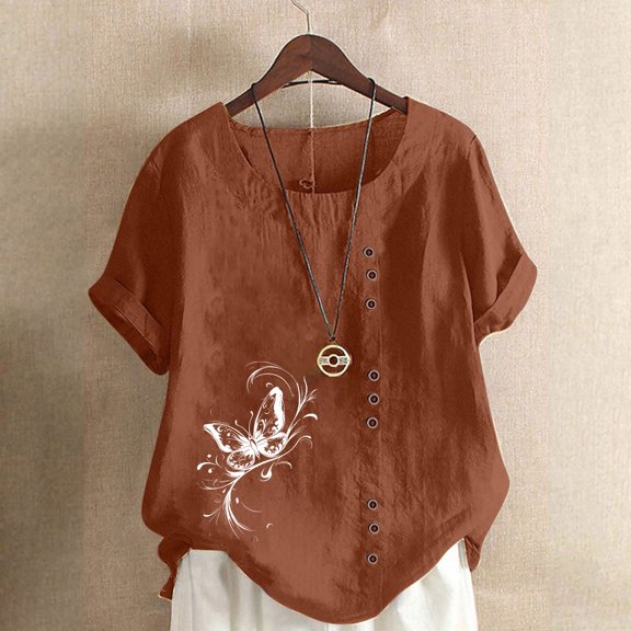 QUNYINEY Crew Neck Women's T-Shirts Pullover Casual Butterfly Short Sleeve Tops Linen Loose Button Women Tops