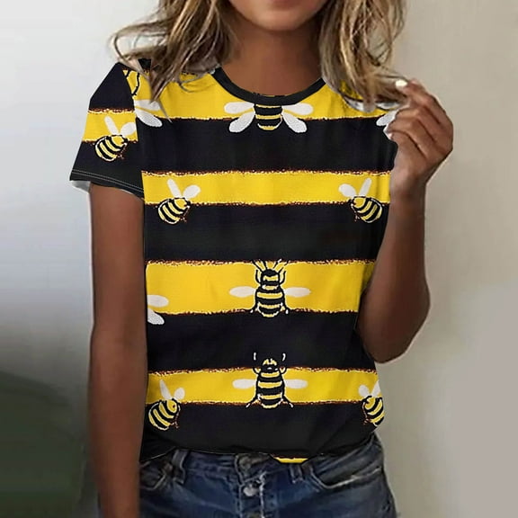 QUNYINEY Crew Neck Women's T-Shirts Pullover Casual Short Sleeve Bee Tops Loose Womens Tops