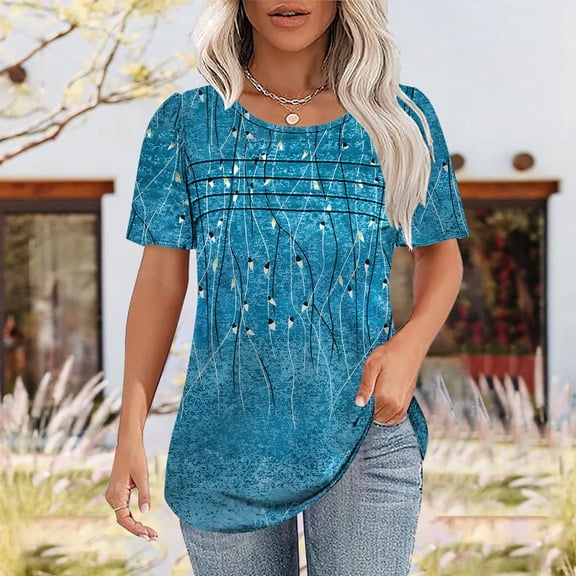 QUNYINEY Crew Neck Women's T-Shirts Short Sleeve Boho Casual Pullover Tops Pleated Loose Womens Summer Tops