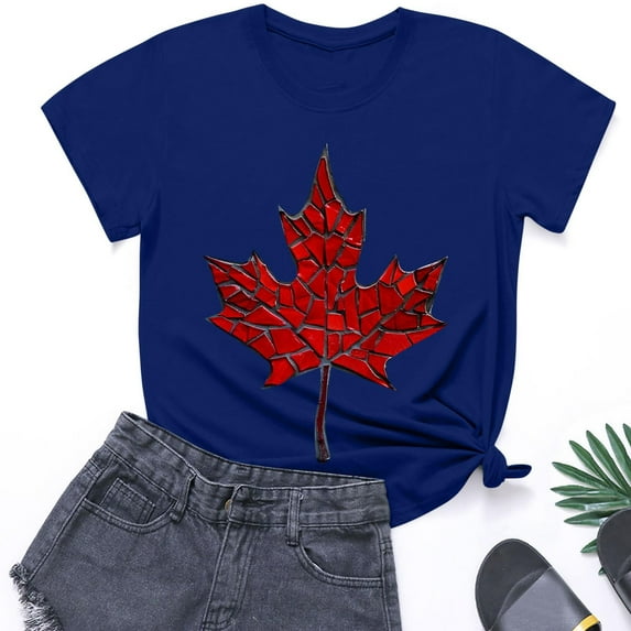 QUNYINEY Crew Neck Women's T-Shirts Short Sleeve Casual Canadian Flag Tops Summer Loose Pullover Womens Tops