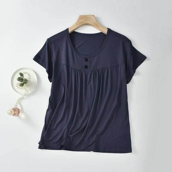 QUNYINEY Crew Neck Women's Tops Casual Short Sleeve Pullover Solid Shirts Loose Button Pleated Women Shirts