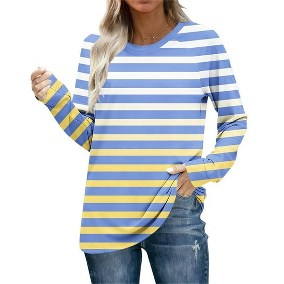 QUNYINEY Crew Neck Womens Long Sleeve Tee Shirts Fashion Striped Tops Slim Fit Pullover Graphic Tees