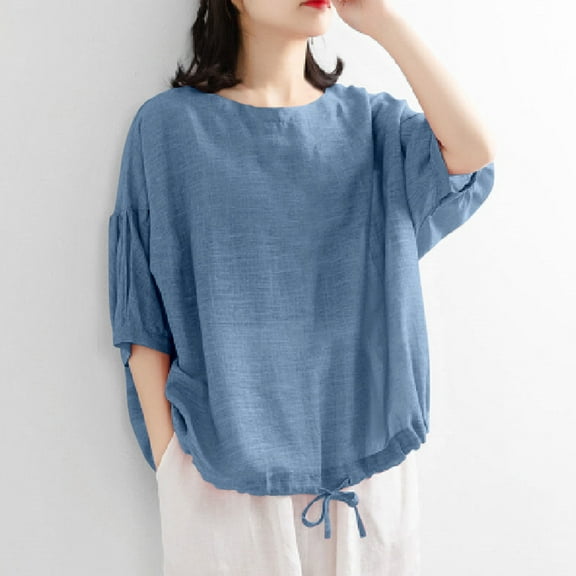 QUNYINEY Crew Neck Womens Shirts Casual Short Sleeve Solid Tops Cotton Linen Summer Loose Pullover Tops for Women