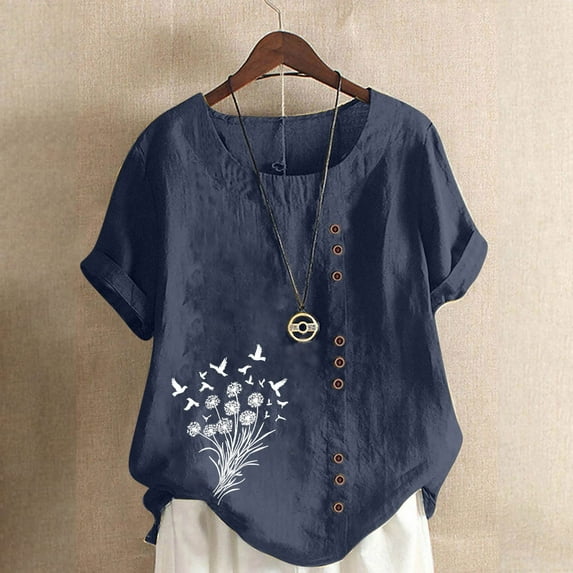 QUNYINEY Crew Neck Womens Shirts Dandelion Short Sleeve Casual Tops Button Loose Cotton Linen Pullover Women Tops