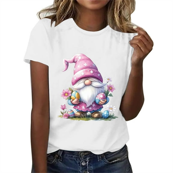 QUNYINEY Crew Neck Womens Shirts Easter Pullover Casual Short Sleeve Tops Loose Women's Tops