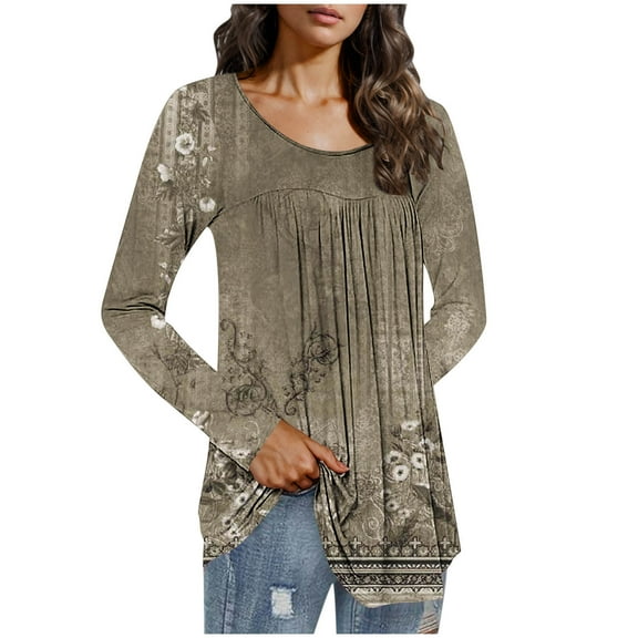 QUNYINEY Crew Neck Womens Shirts Floral Casual Long Sleeve Gray Tops Pullover Drop Shoulder Loose Pleated T-Shirts Tops for Women Trendy